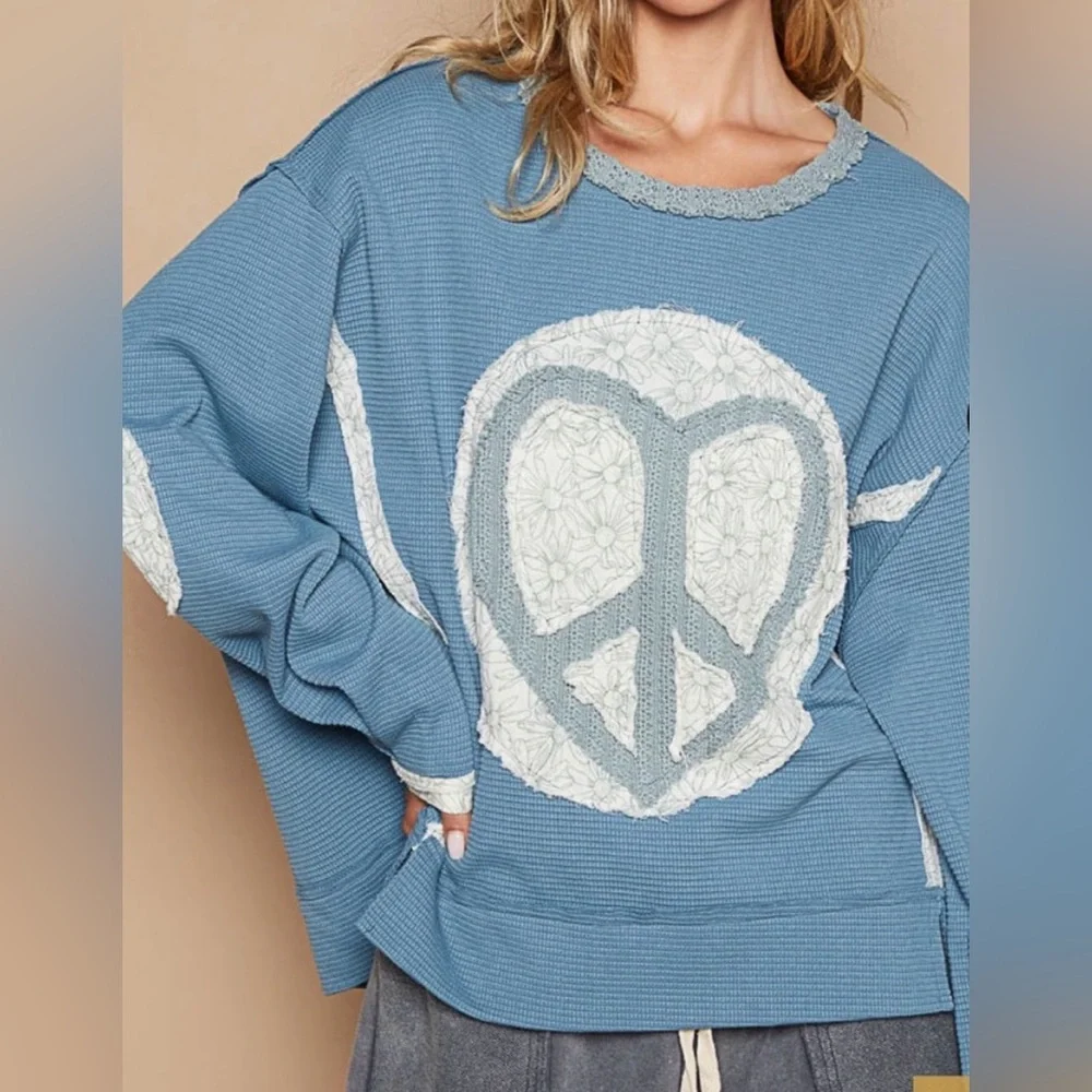 NEW! POL Thermal Knit Top with Heart Peace Sign
Patch on Front in Sz. Large - Picture 7 of 15